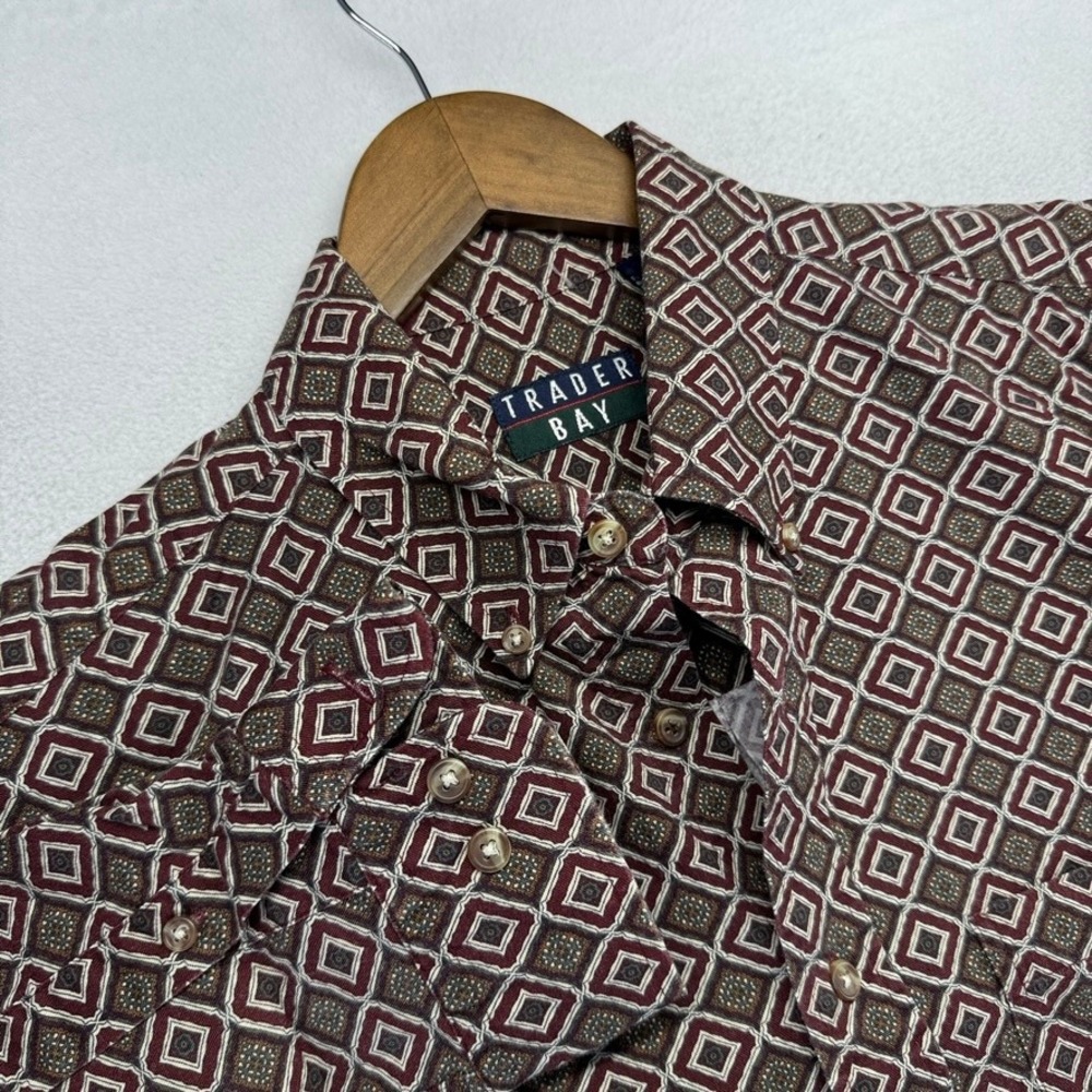 Vintage Trader Bay Button Down Shirt Mens Large Maroon Geometric Oxford OCBD 90s